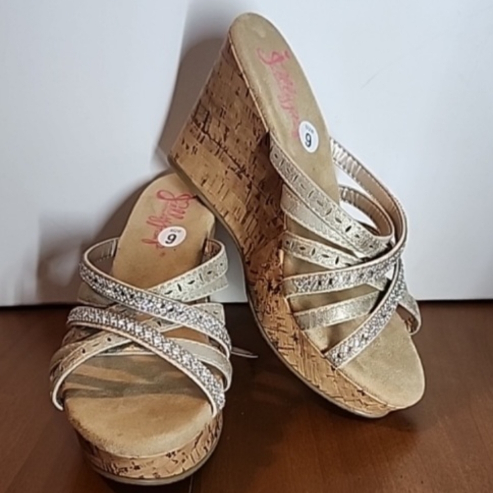 Jellypop Cream and Tan Wedge Sandals Size 9